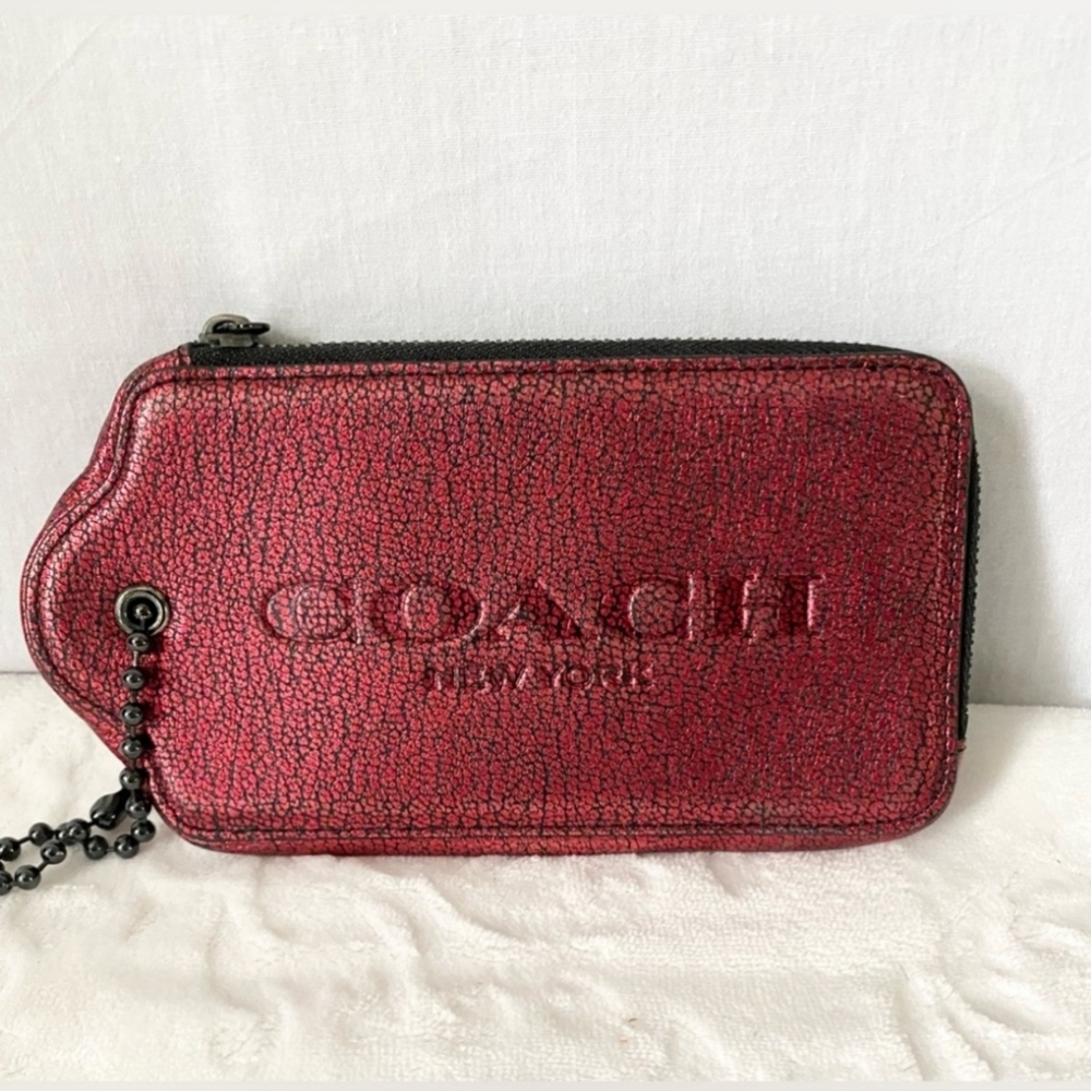 COACH Hangtag Wristlet in Metallic Leather Red